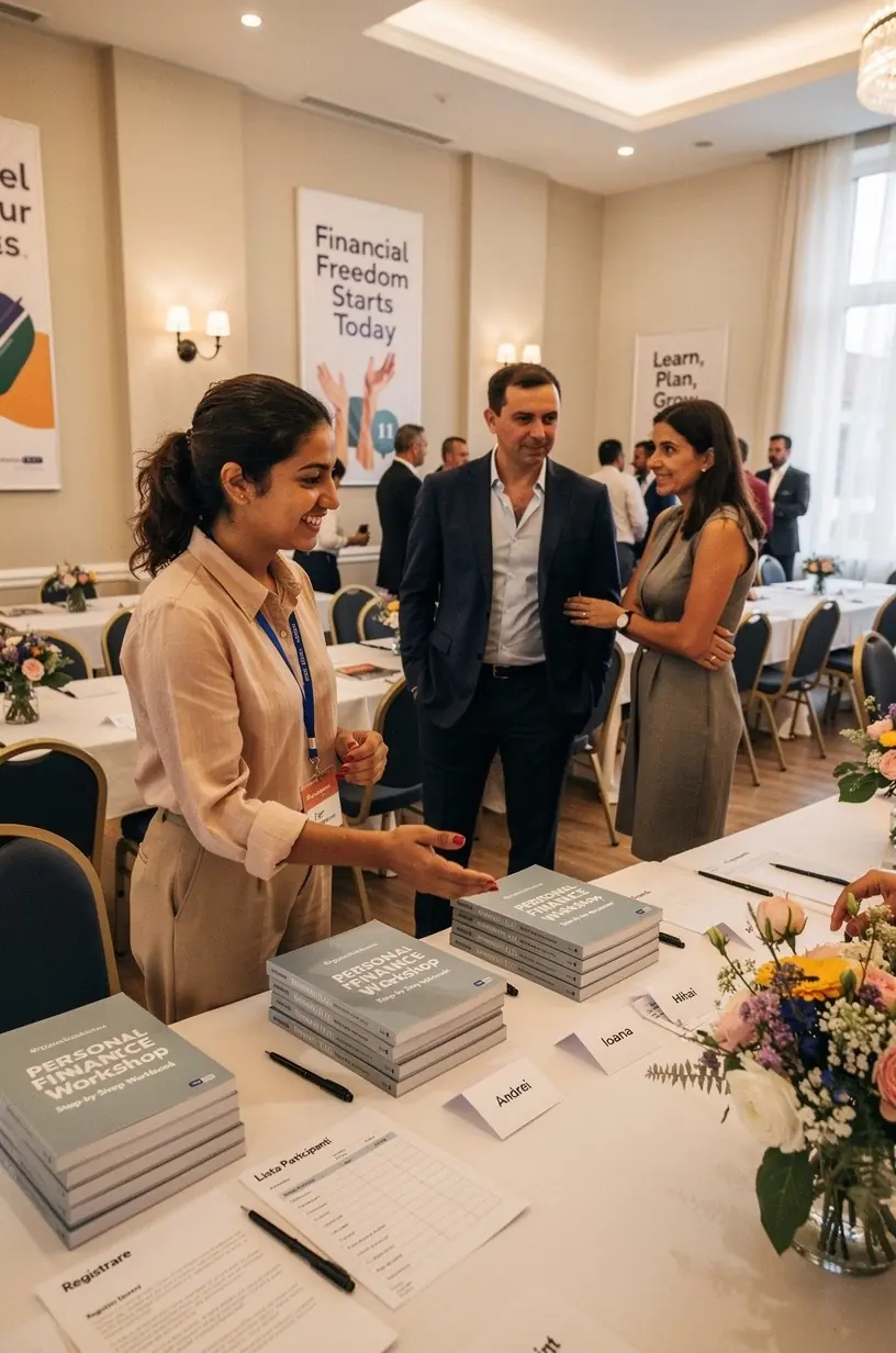 Participanți discutând și schimbând idei în cadrul unui atelier de educație financiară.