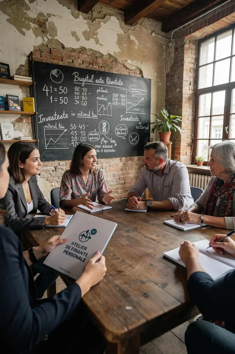 Imaginează un grup divers de participanți într-un atelier financiar interactiv, cu un expert explicând concepte de bază ale finanțelor personale, în fața unui flipchart plin de note și grafice.