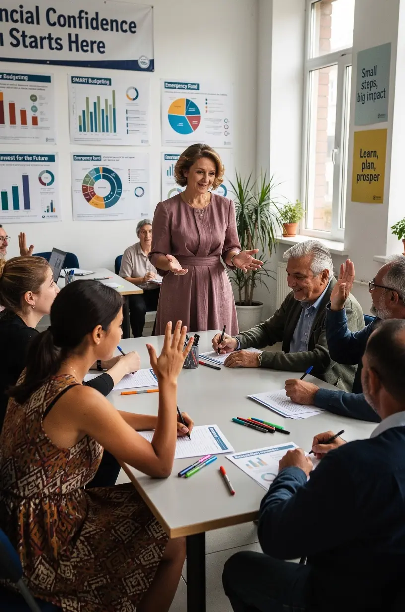 Persoană ținând un caiet de finanțe personale în timpul unui atelier educațional.